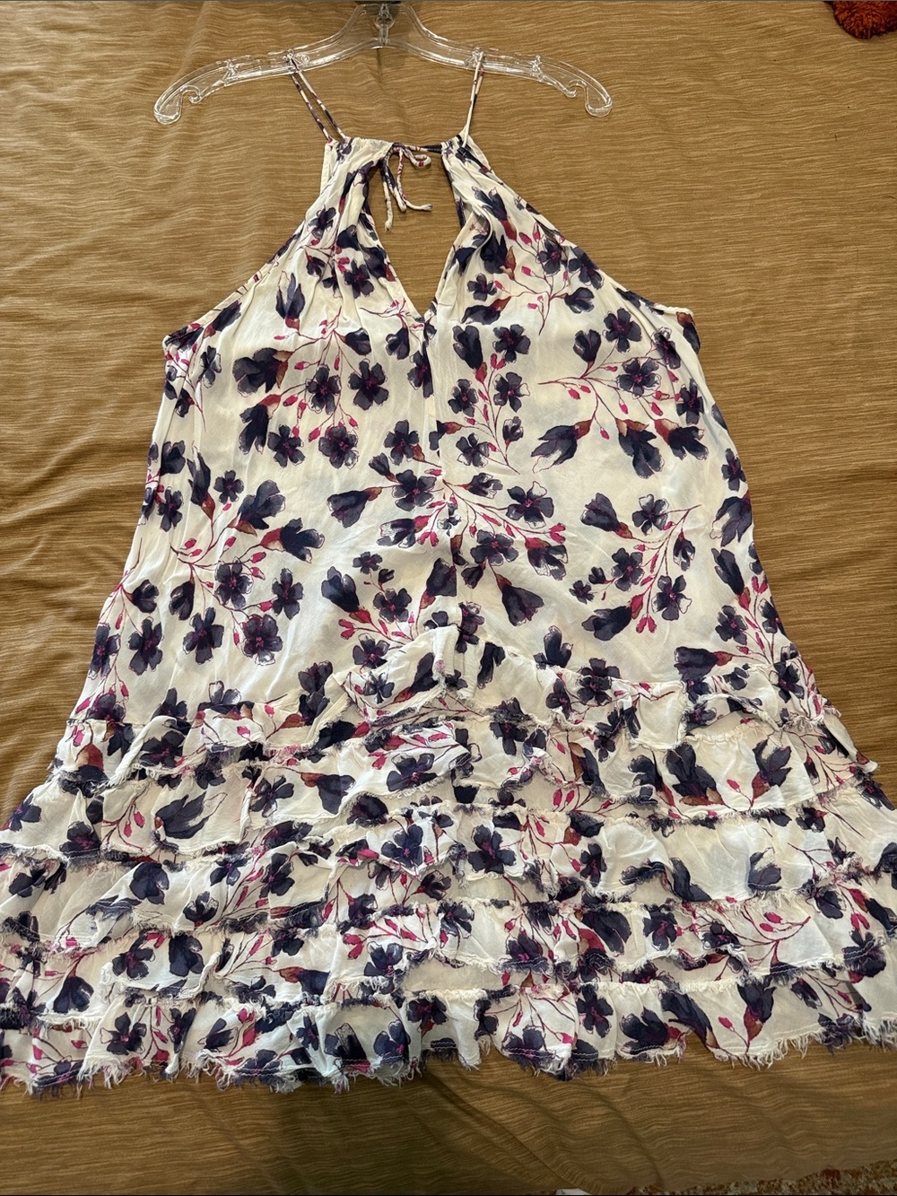 Free People White Floral Halter Dress with Navy & Pink Print